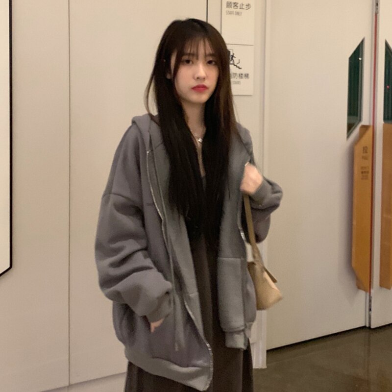 Sudadera con capucha para mujer, estilo japonés, Vintage, de Color sólido, manga larga, sobredimensionado, para oficina y mujer, abrigos grandes informales: grey