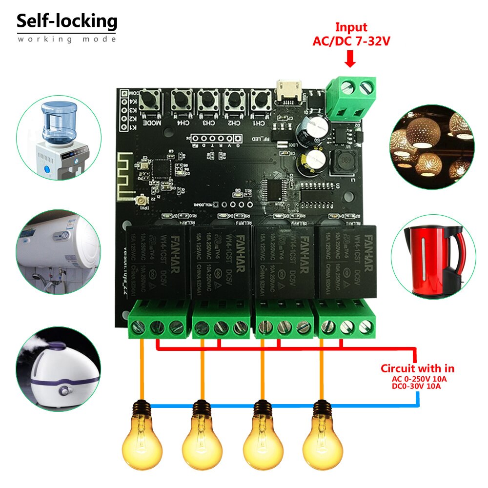 Tuya 4ch usb  dc5v/7-32v wifi-schakelaar draadloze relaismodule timingfunctie afstandsbediening app afstandsbediening voor alexa google home