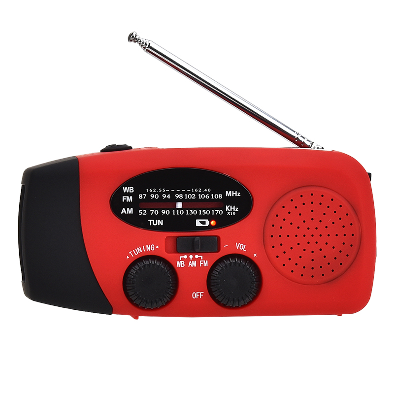 Emergency Solar Hand Crank Solar Radio with LED Flashlight for camp, AM/FM Portable Radio 2000mAh power bank Charging light: Red