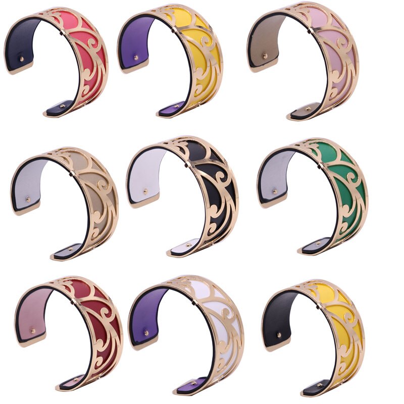 Interchangeable Leather Cuff Bracelet Bangles with Gold Color Flower Shaped Manchette Femme Bijoux Bracelet for Women