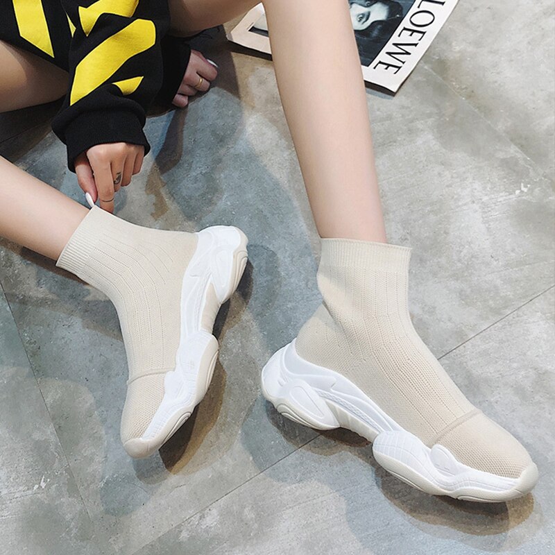 Dames platform schoenen hoge sokken sneakers instappers dames casual dikke zool schoenen effen kleur damesschoenen