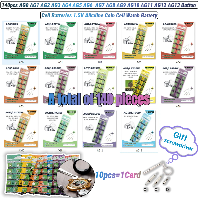 1.5V Alkaline Coin Cell Watch Battery 140Pcs AG0 AG1 AG2 AG3 AG4 AG5 AG6 AG7 AG8 AG9 AG10 AG11 AG12 AG13 Button Cell Batteries