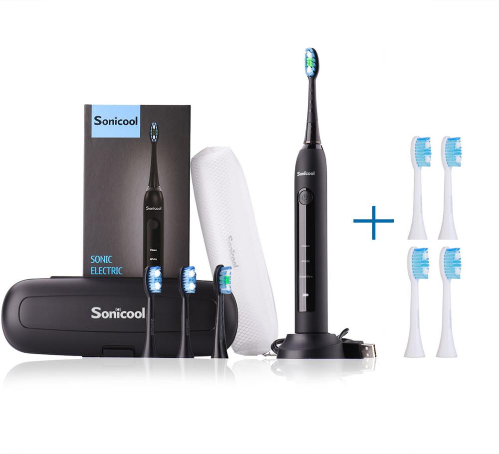 Sonicool 051B Ultrasonic Sonic Electric Toothbrush USB Rechargeable Tooth Brushes With 4 Pcs DuPont Brush Heads Tooth Cleaning: Add White 4 Heads