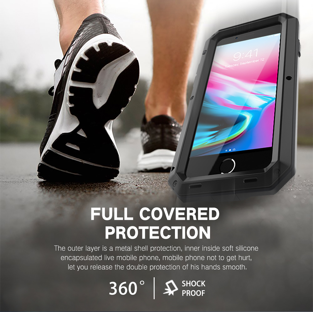 Lyxigt stötsäkert doom armor vattentätt metallfodral till iphone x xr xs max 8 7 6 6s plus 5 5s se 5c skal med skärm och glasfilm