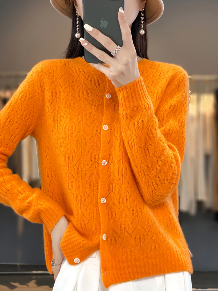 Casaco oco de malha feminino, Cardigans 100% lã merino, suéter confortável, tops de lazer, roupas básicas, outono, inverno, 2022