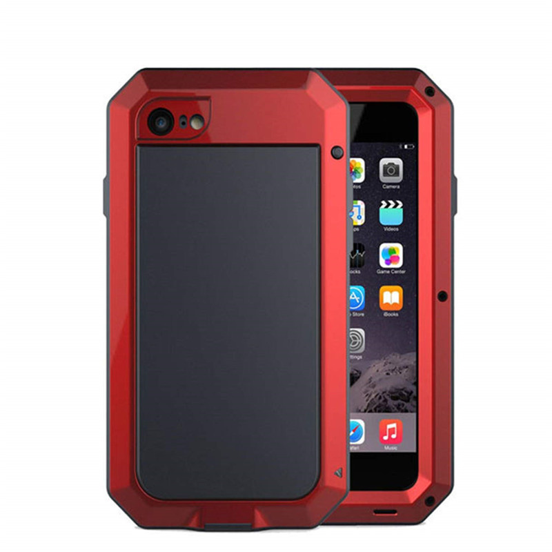 Lyxigt stötsäkert doom armor vattentätt metallfodral till iphone x xr xs max 8 7 6 6s plus 5 5s se 5c skal med skärm och glasfilm: Plast / Röd