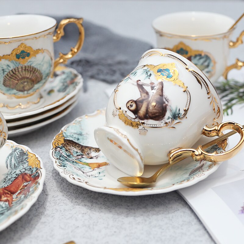 Ceramic coffee cup set jungle animal saucer bird monkey shape gold bone China tea