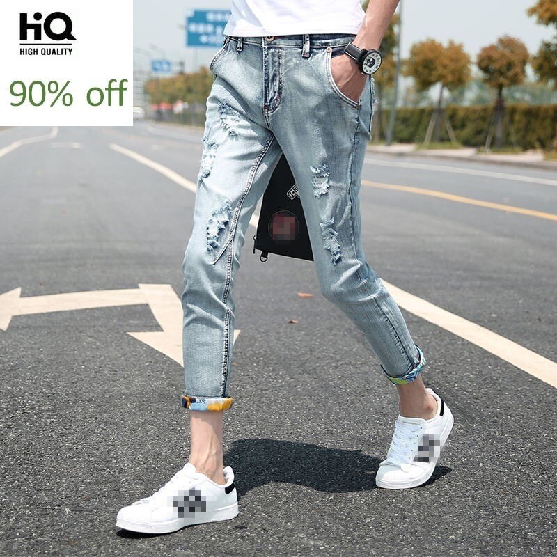 Pantalones vaqueros para hombre Pantalones coreanos para estudiantes pantalones delgados elásticos con agujeros rotos Hip Hop pantalones vaqueros para hombre nuevos azul claro Delgado tamaño grande