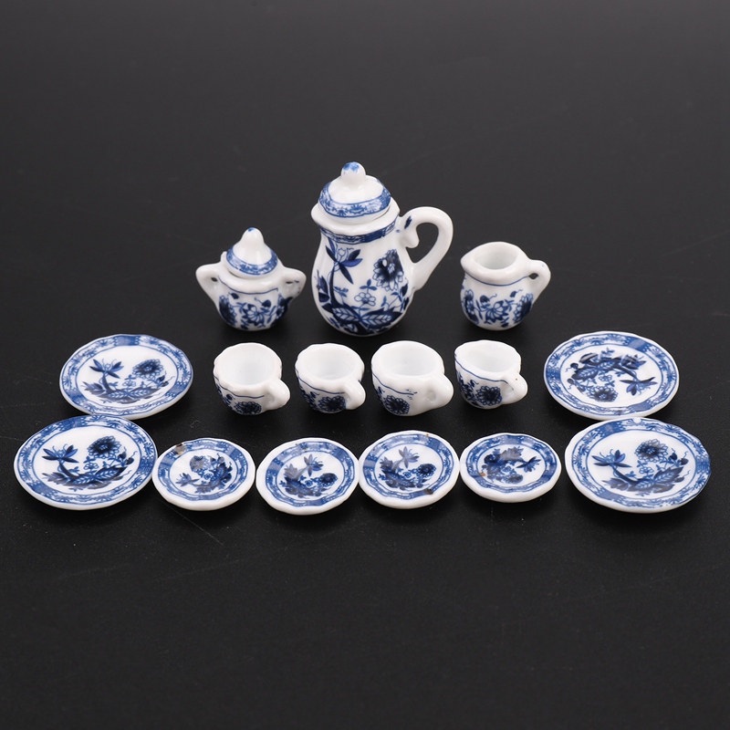 1/12Th Essen Ware China Keramik Tee einstellen Puppen Haus Miniaturen Blau Blume