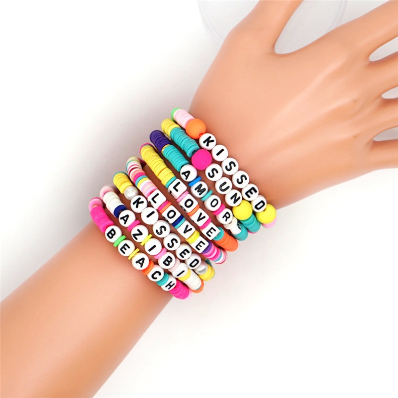 Handmade Summer Beach Bracelet Bangle For Men Women Couple Jewelry Colorful Letter Polymer Clay Beads Bracelet Boho