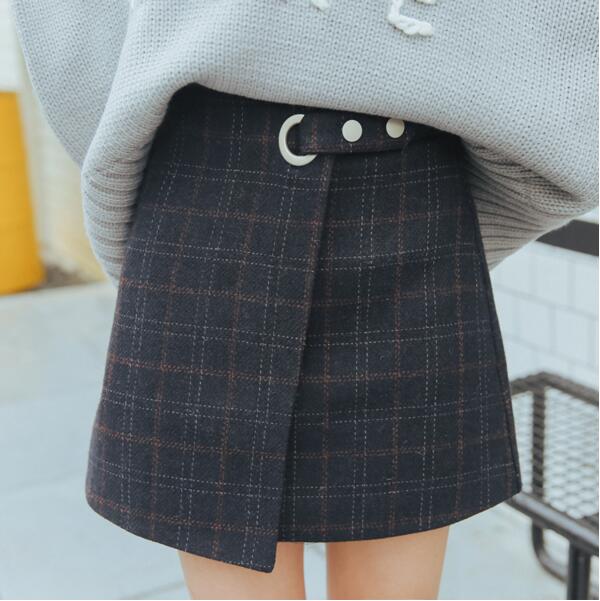 Women&#39;s Ulzzang Herfst En Winter Harajuku Verdikte Wollen Plaid Retro Rok Vrouwelijke Leuke Japanse Kawaii Rokken Voor Vrouwen: Blauw / L
