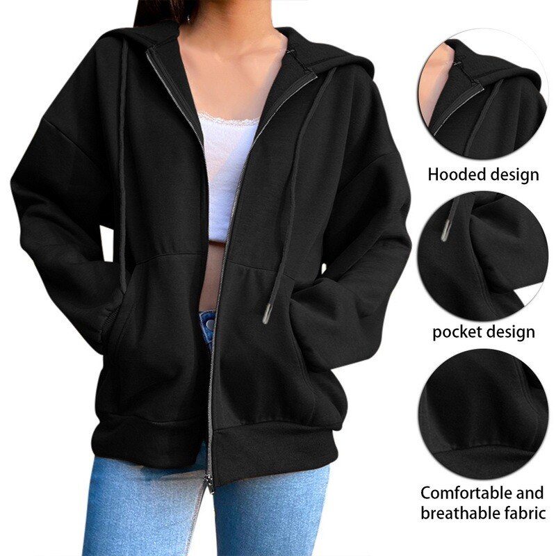 Women Casual Hooded Sweater Cardigan Jacket Casual Mid-length Outdoor Sports Jogging Fitness Training Hoodie Sweatshirt