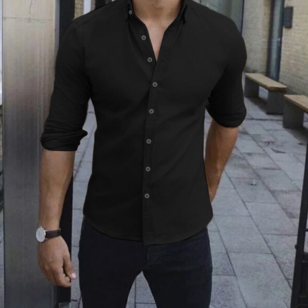 Men Shirts Slim Fit Solid Color Long Sleeve Single Smart Casual Shirts Breasted Turndown Casual Tops