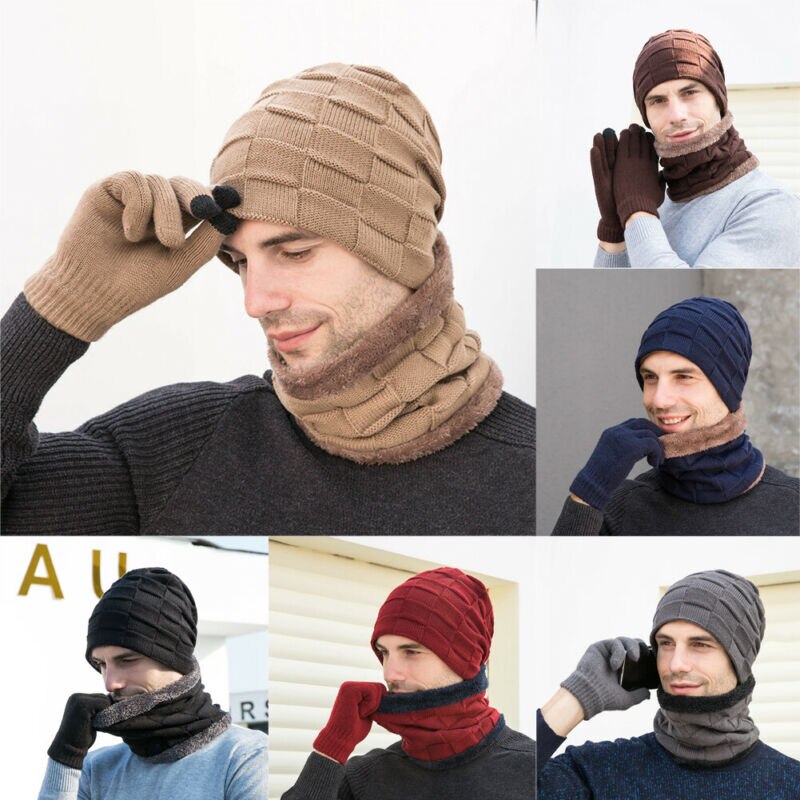 Mænd kvinder vinter 3 stykke sæt strik beanie hat tørklæde touchscreen handsker varm dragt