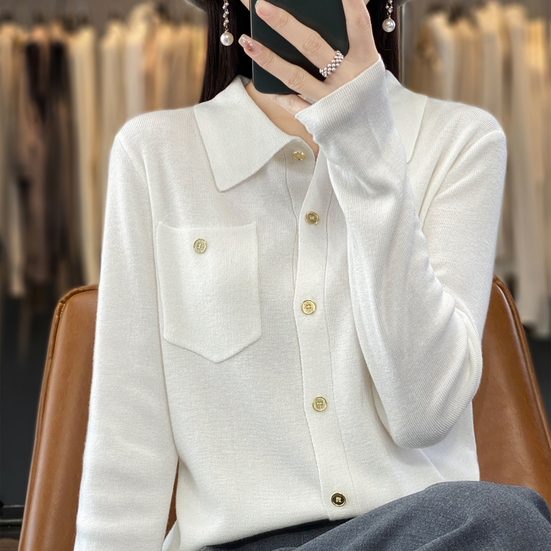 Cardigan feminino com bolso primavera e verão nova camisa de lapela fina imitação de lã camisola alta rua casaco superior mangas compridas: S / Branco