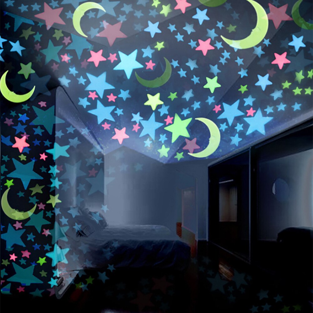 Muurstickers 100Pc Kids Slaapkamer Fluorescent Glow In The Dark Stars Moons Muurstickers Наклейки На Стену