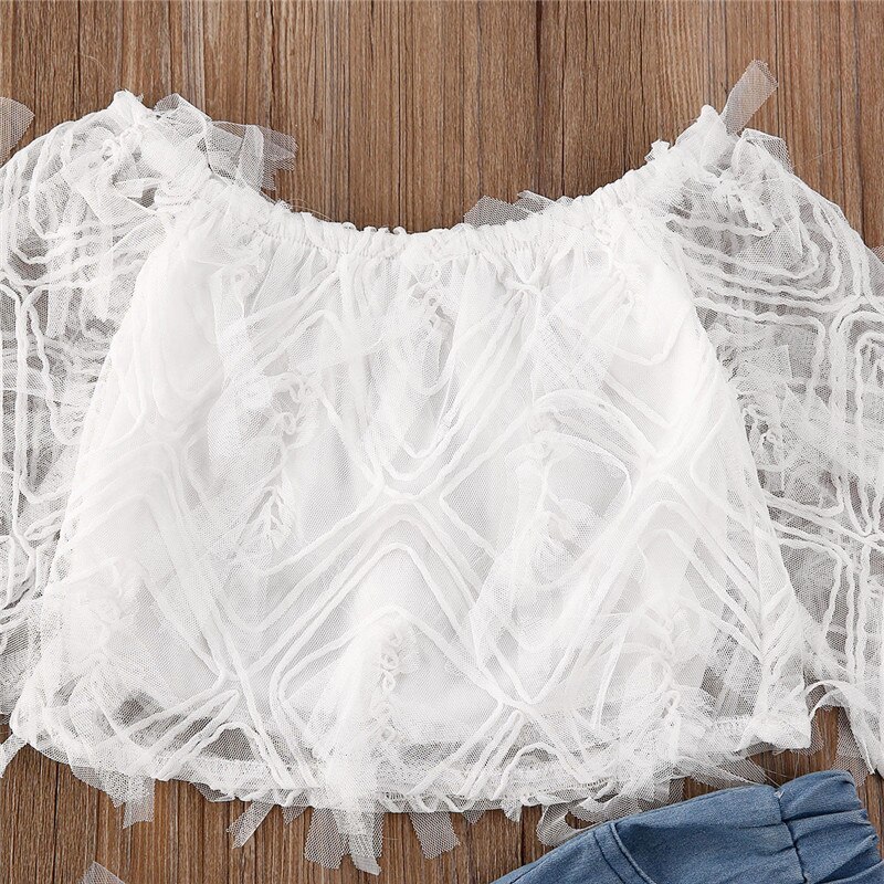 1-6Y Peuter Kids Baby Meisjes Kant Off Shoulder Tops T-shirt Ruche Denim Ripped Gat Broek Outfits Meisje Kleding 2 stuks Set