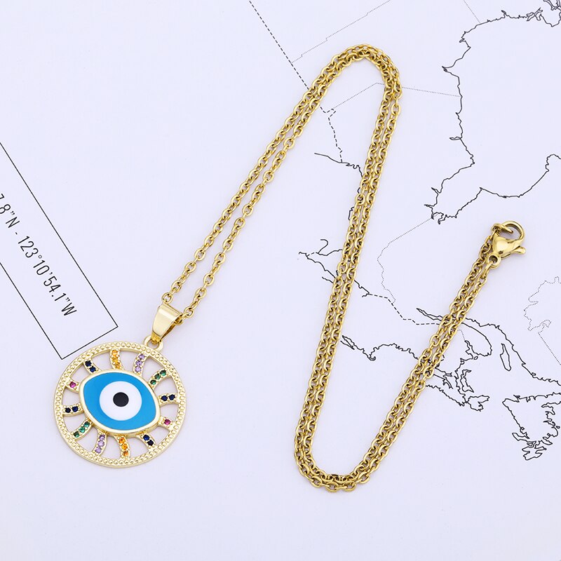 Evil Eye Pendant Necklaces Stianless Steel Chain Gold Color Turkish Girls Women Blue Devil Eye Jewelry