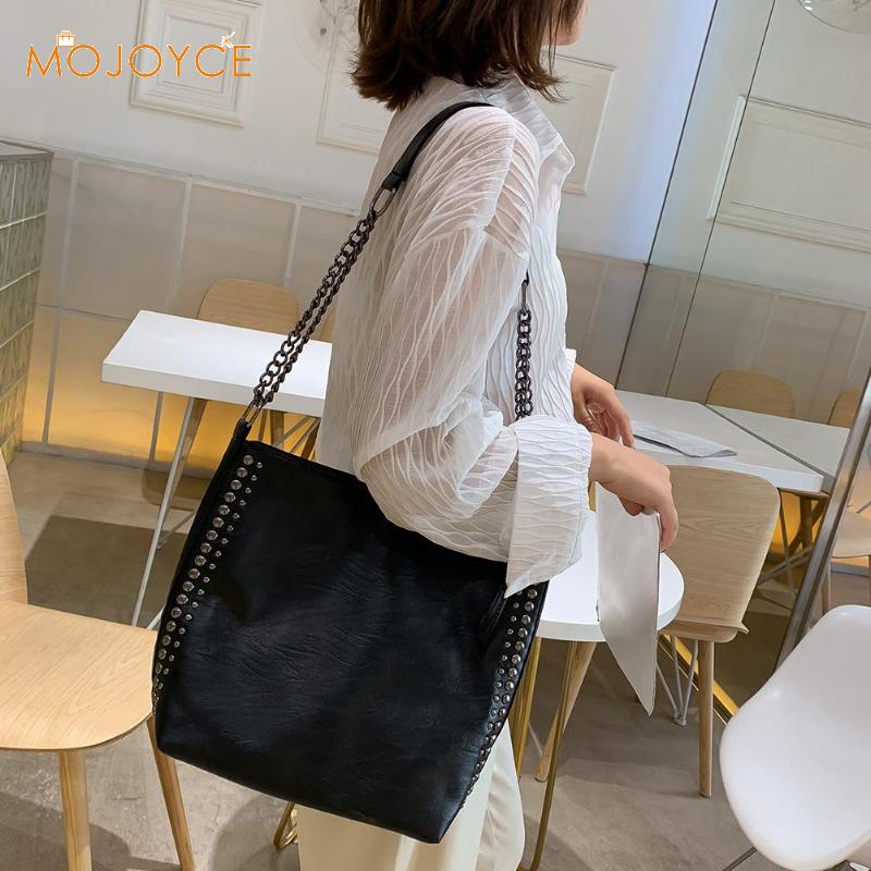 Retro Large Capacity Tote Bag Women Chain Rivet Shoulder Bags Women Leather Crossbody Bag Solid Color Bag Bead