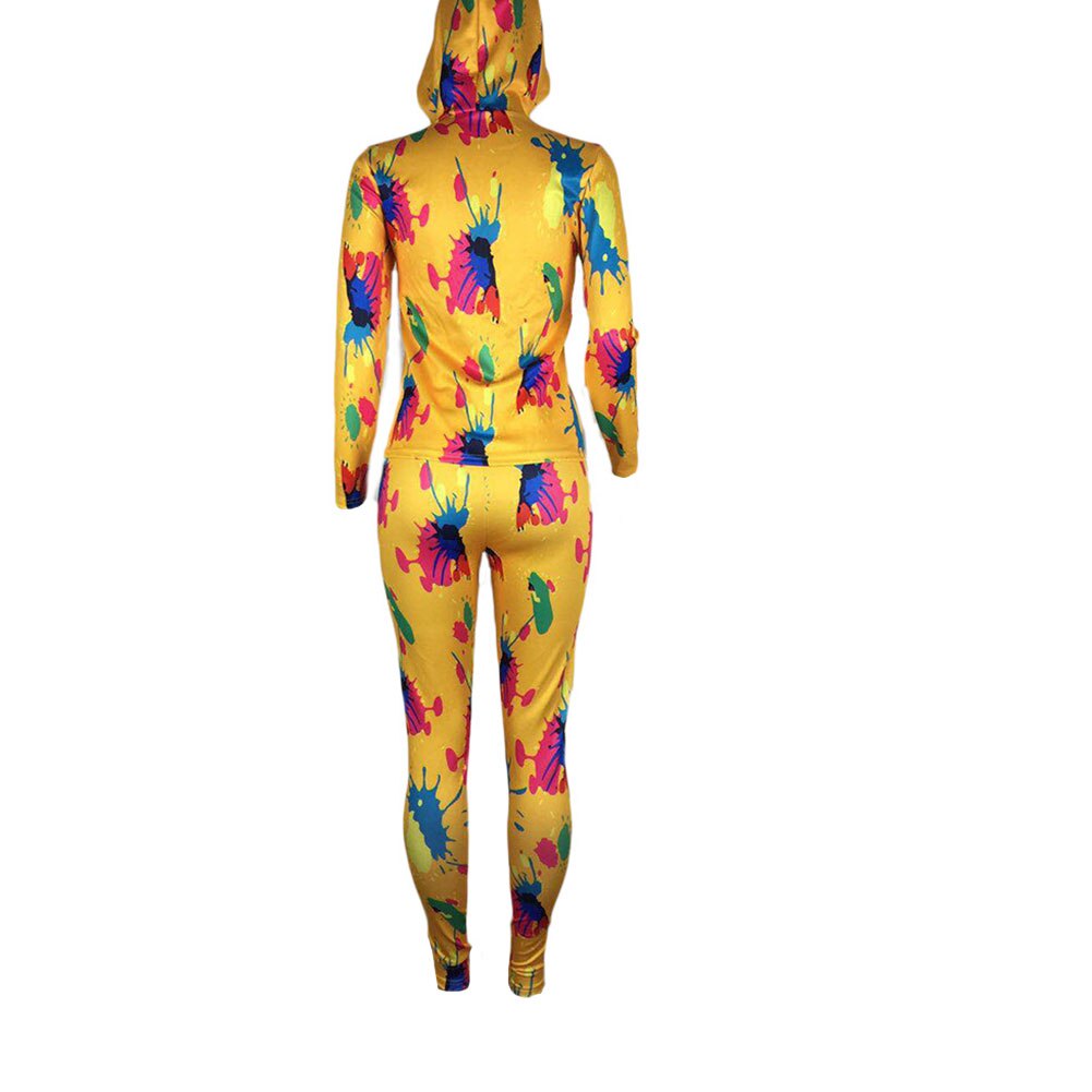 2Pcs Vrouwen Herfst Outfit, multicolor Afdrukken Lange Mouwen Rits Open Hoodie + Elastische Taille Broek Pak Voor Dames