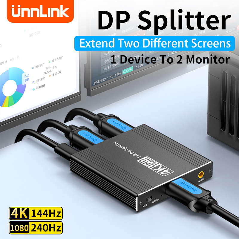 Unnlink DisplayPort Splitter 1x2 UHD 4K 144Hz DP Splitter MST Hub com áudio para 1 dispositivo PC laptop atribuido ao monitor de TV duplo