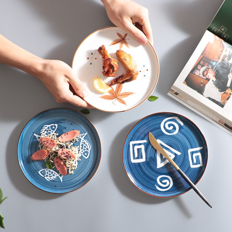 Diner Plaat Japanse Stijl Eenvoudige Handgeschilderde Geometrische Patroon Keuken Bar Levert Diner Plaat Set Gebruiksvoorwerpen Home Decor