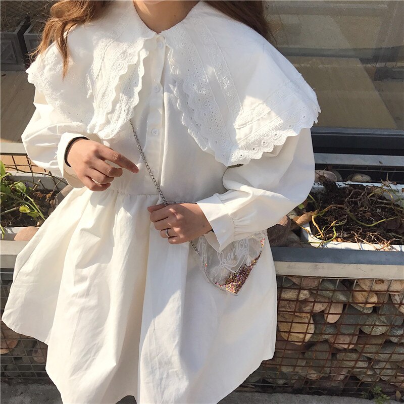 Japansk harajuku kvinder mini lolita kjole dobbeltlags blondekrave oversized sort hvid kjole efterårs sød kawaii pigekjole
