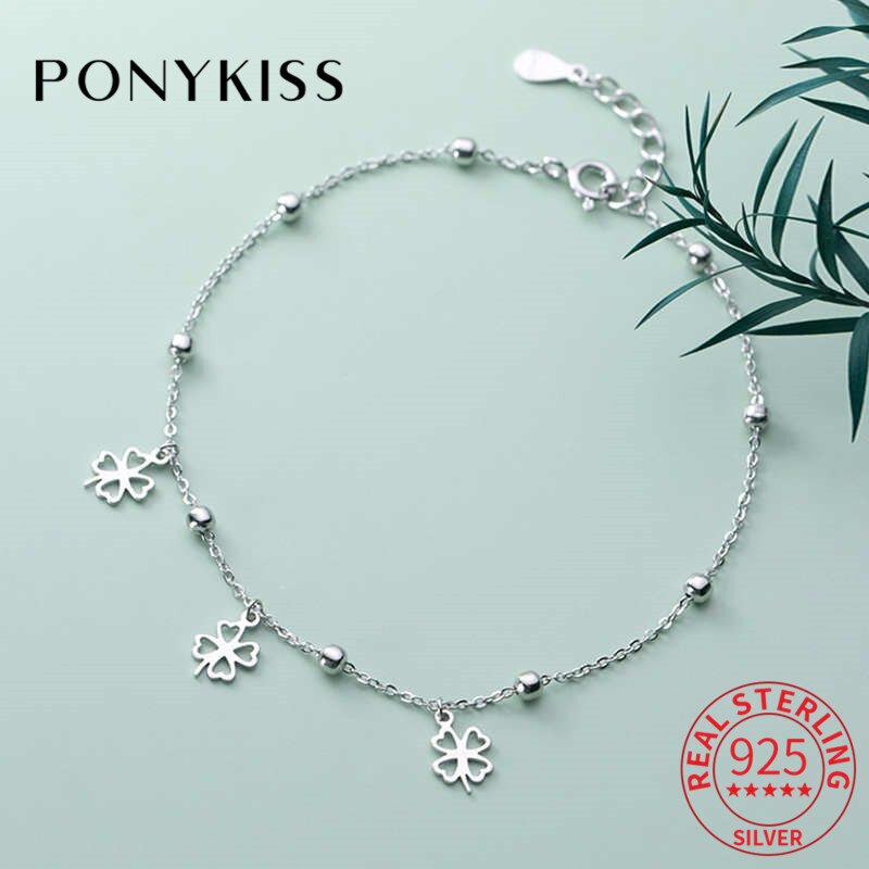 Ponykiss trendiges  s925- teiliges sterlingsilber-fußkettchen mit vierblättrigem kleeblatt und hohlkette für damen, partyschmuck, allergievorbeugendes accessoire