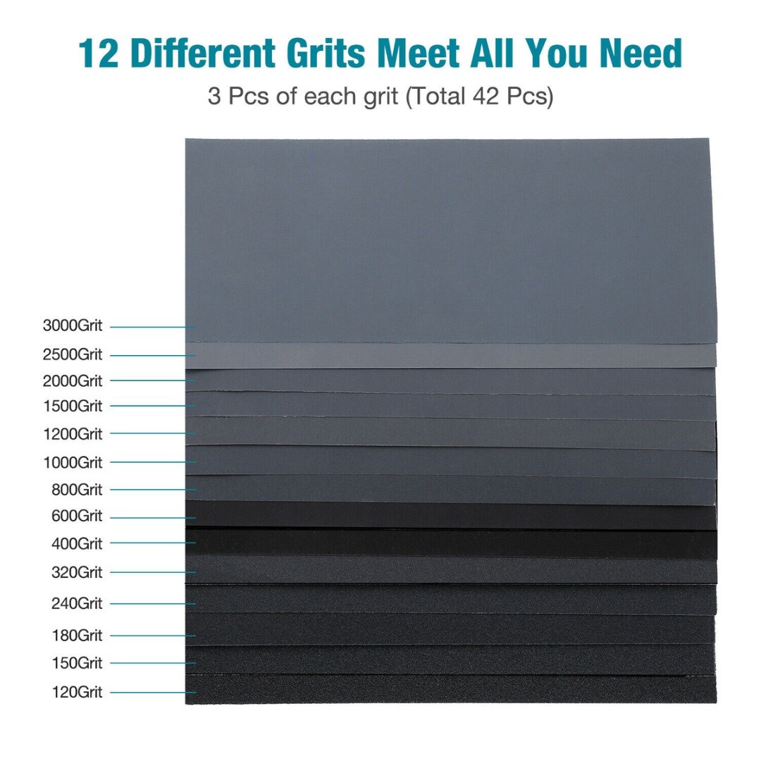 Mayitr 42pcs Wet Dry Car Auto Precision Grinding Polishing Sandpaper 120-3000 Grit Assorted Repair Tool Accessories