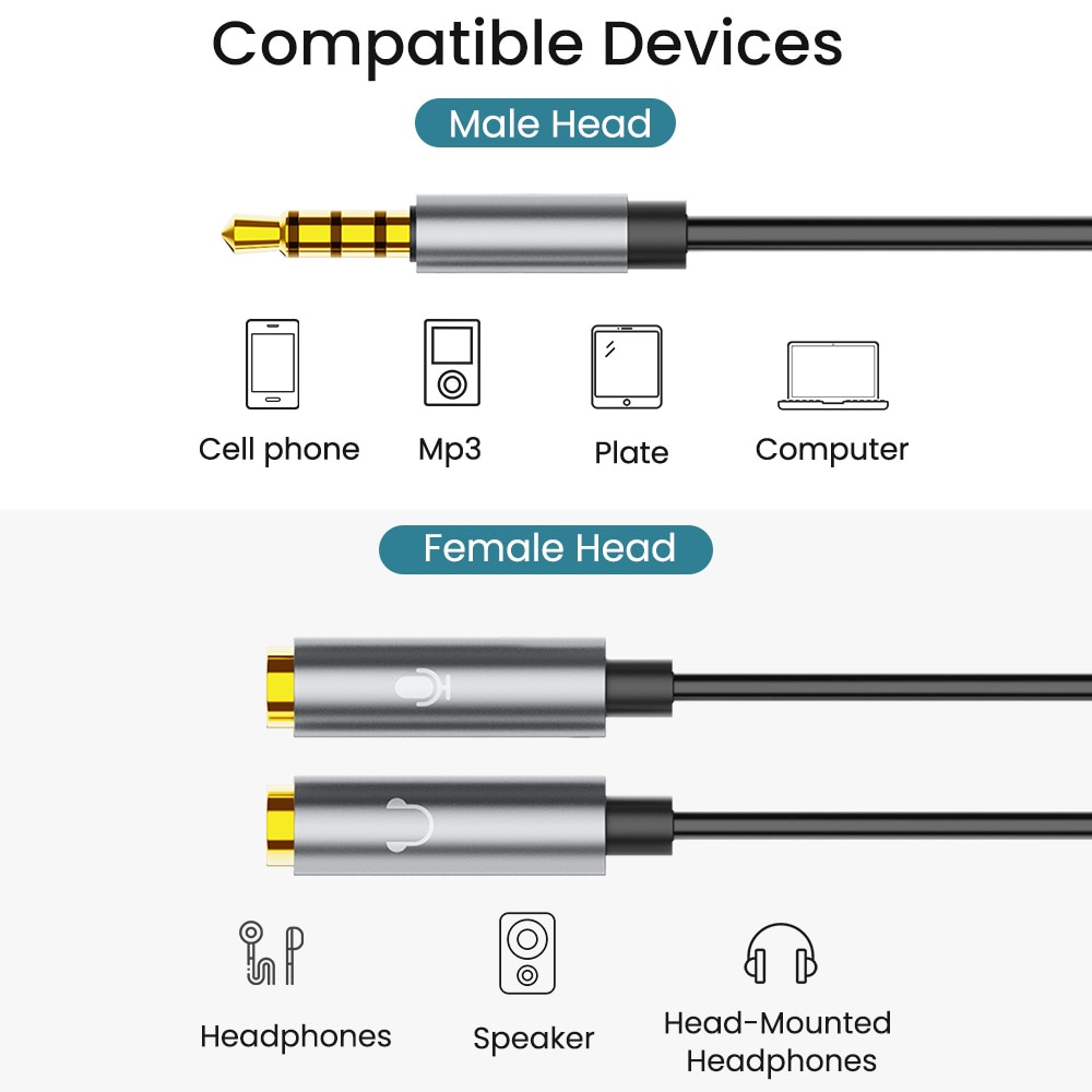 Jack da 3.5mm per cuffie Mic divisore Audio cavo adattatore prolunga Aux placcato in oro per microfono per PC