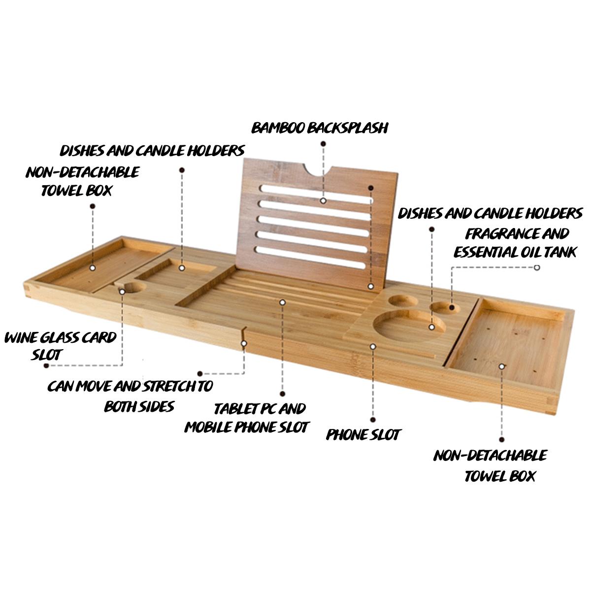 Extendable Bamboo Bathtub Tray Caddy Spa Bath Organizer Rack Bath Tray Bathroom Book Wine Tablet Holder Reading Shelf