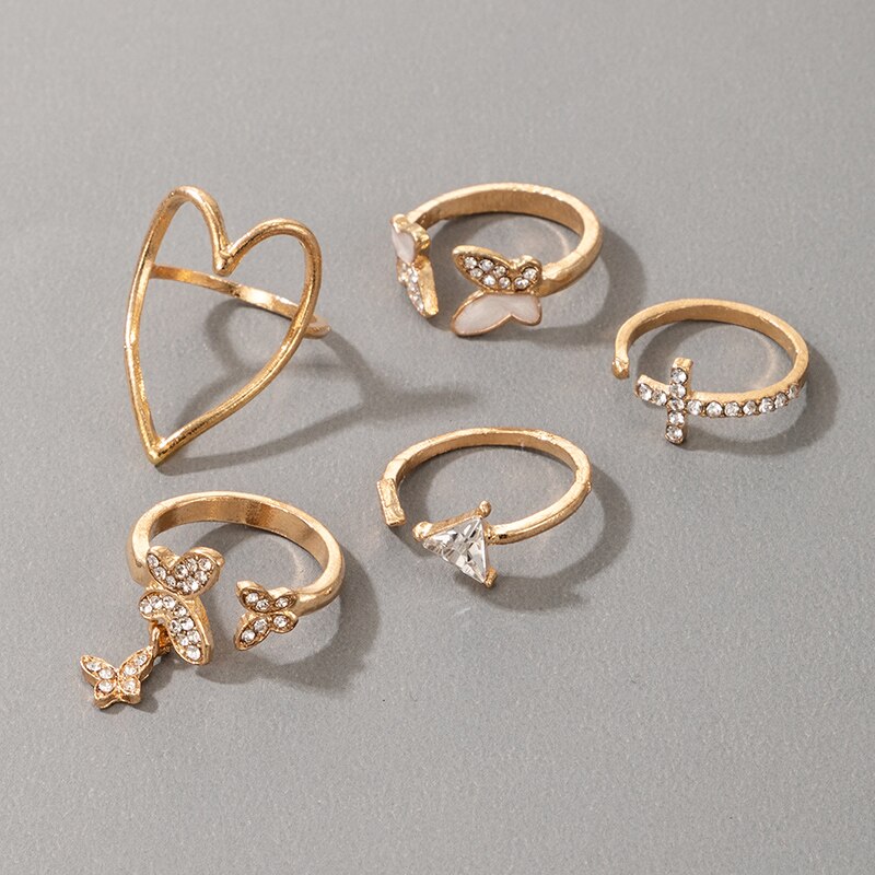 Docona 5 unids/set mariposa abierto conjuntos de anillos para dedos para las mujeres geométricos irregulares amor anillos de cristal mujer joyería