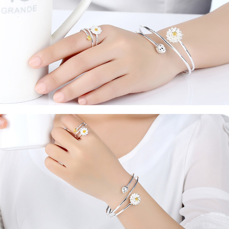 Koreaanse Charm Zilver Kleur Daisy Lotus Bloem Armband &amp; Bangle Voor Vrouwen Bruiloft Partij Sieraden Браслет