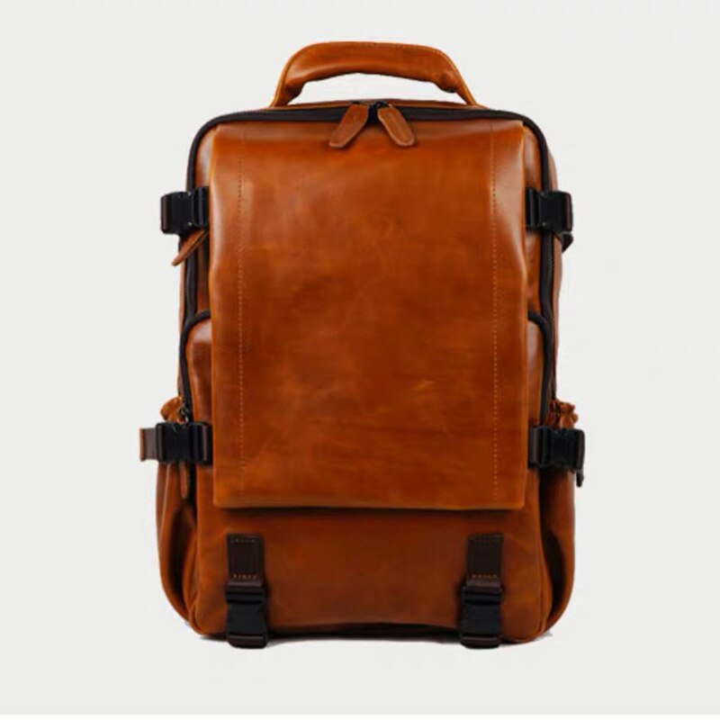 retro pu shoulder bag personality large capacity schoolbag men trend solid color business backpack