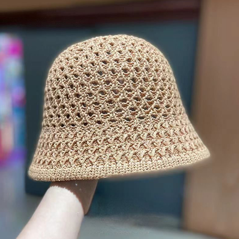 Bucket Hat Spring Summer Hollow Knitted Hat Solid Color Sunhat Fisherman Caps Casual Foldable Beach Cap: WHITE