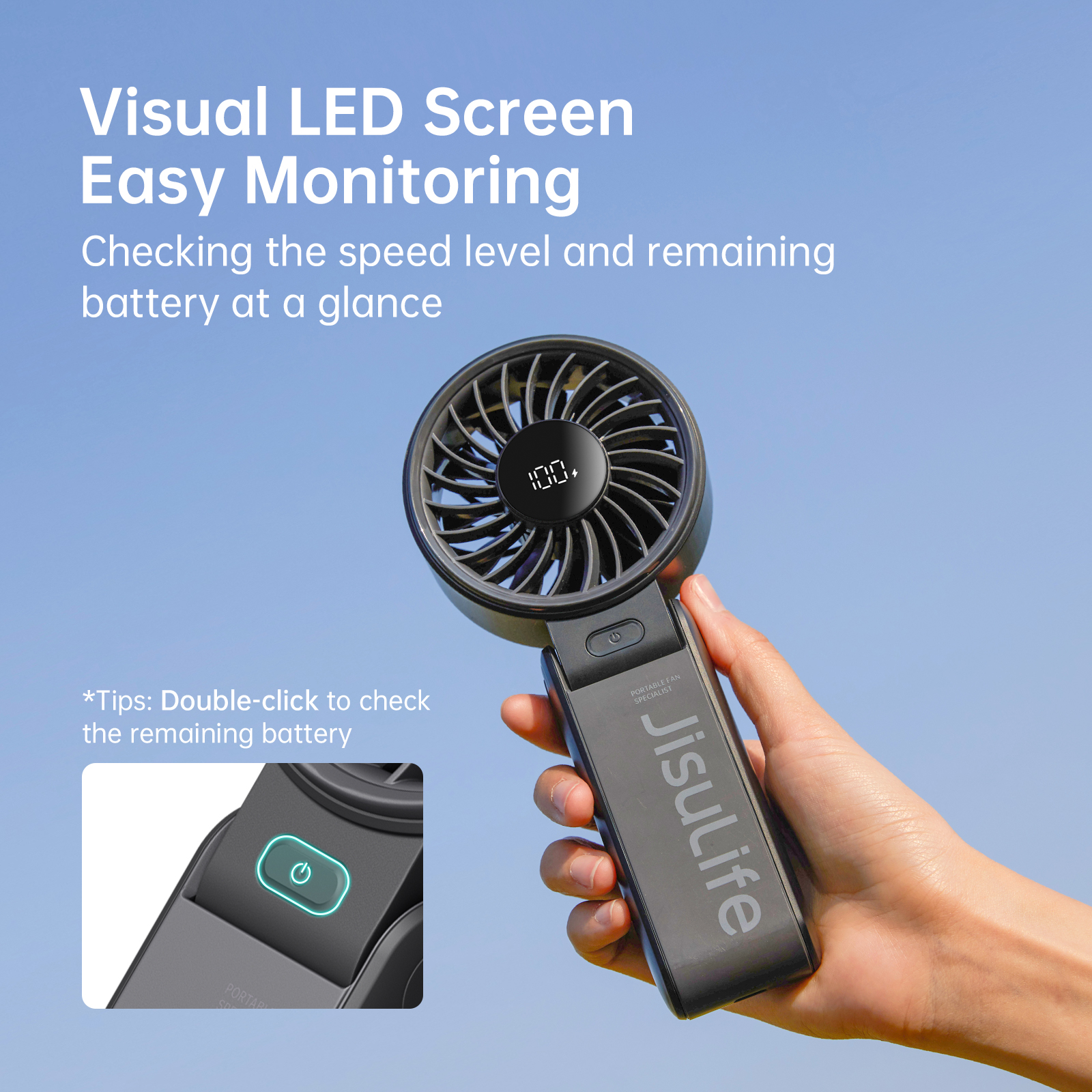JISULIFE Ventilador portátil de mano con pantalla LED, 5 velocidades, 5000 mAh, 150 ° Ventilador personal multifunción plegado, 3 en 1 de mano/escritorio/cuello