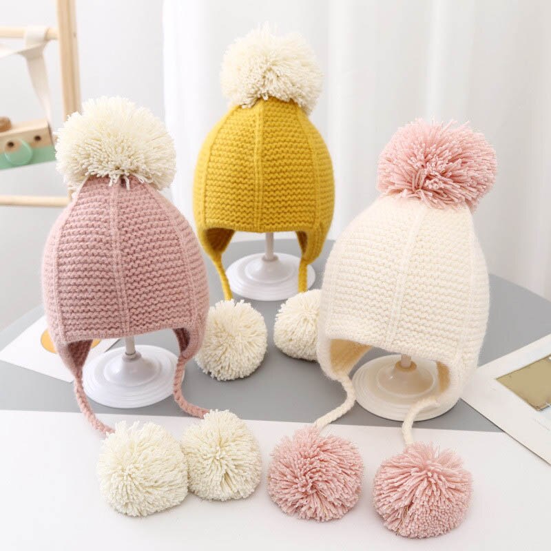 Winter gebreide warme babymuts schattige dubbele pompon baby jongen meisje muts oorbescherming mutsen kindermuts 3 to 24 maanden