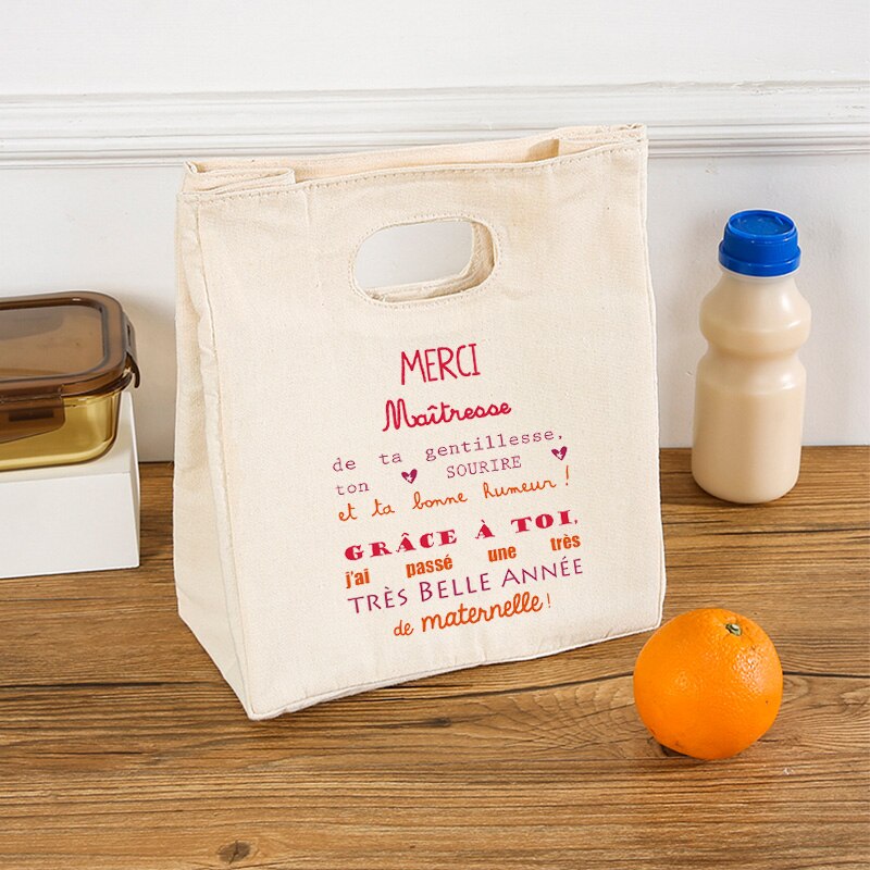 French Print Ice Cream Cooler Bags Lunch Bag Portable Insulated Canvas Bento Tote Thermal School Food Storage Pouch Teacher Gift: Ciemnoszary