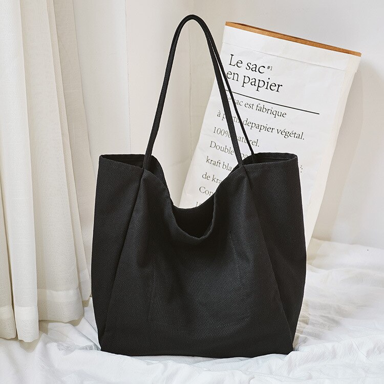 Sac de Shopping en toile réutilisable pour femmes, fourre-tout Extra-Large, sac d'épicerie , sacs à bandoulière pour jeunes filles: Black