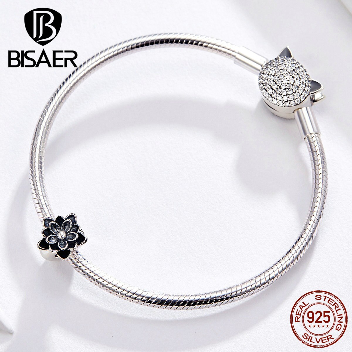 BISAER Lotus Beads 925 Sterling Silver Black Enamel Lotus Flower Charms Beads fit Women Bracelets Bangles DIY Jewelry ECC1196