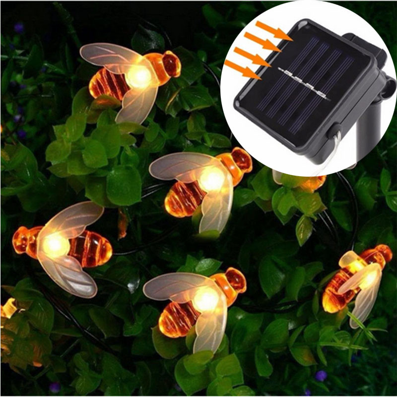 Solar Powered Cute Honey Bee LED String Light 20 LEDs / 100 LEDs Fairy Light Outdoor Garden Fence Patio Christmas Garland Lights: warm whtie / 10m 100leds