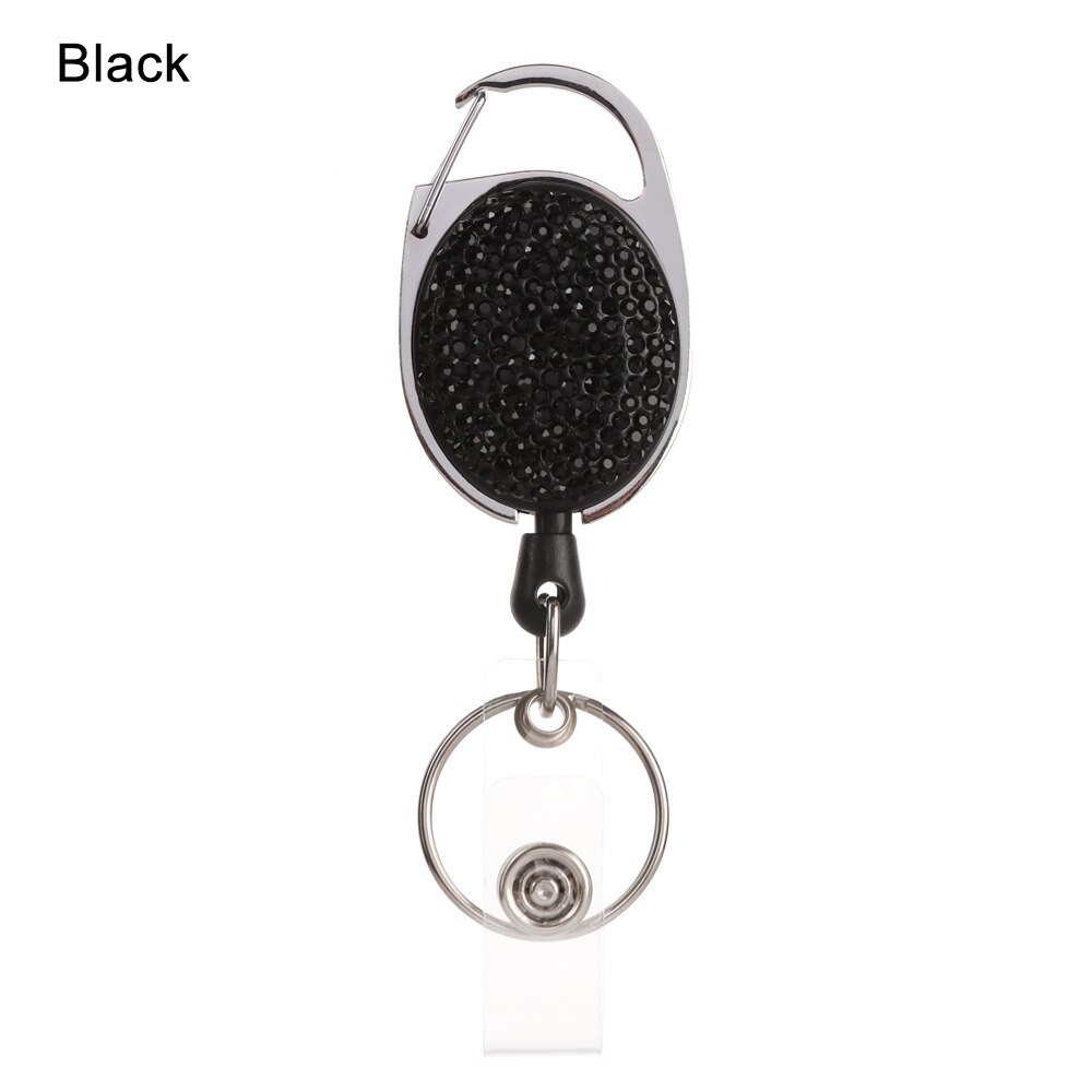 1Pc Shiny Intrekbare Reel Clip Diamant Badge Houder Id Card Key Ring Carabine Veerkracht Duurzaam Draagbare Riem Clips Roestvrij: black