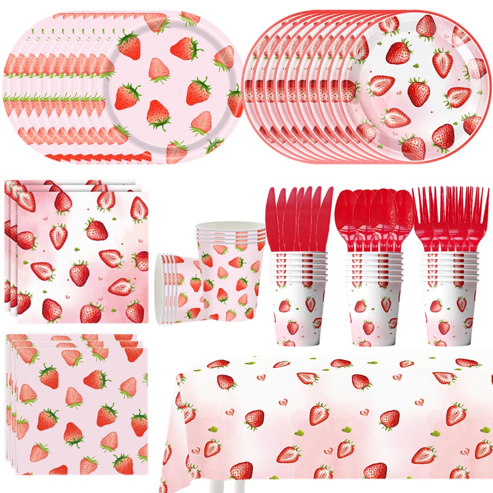 Aardbei Thema Feestservies Set Papieren Borden Servetten Plastic Tafelkleed Zomer Fruit Feest Verjaardag Babyshower Benodigdheden