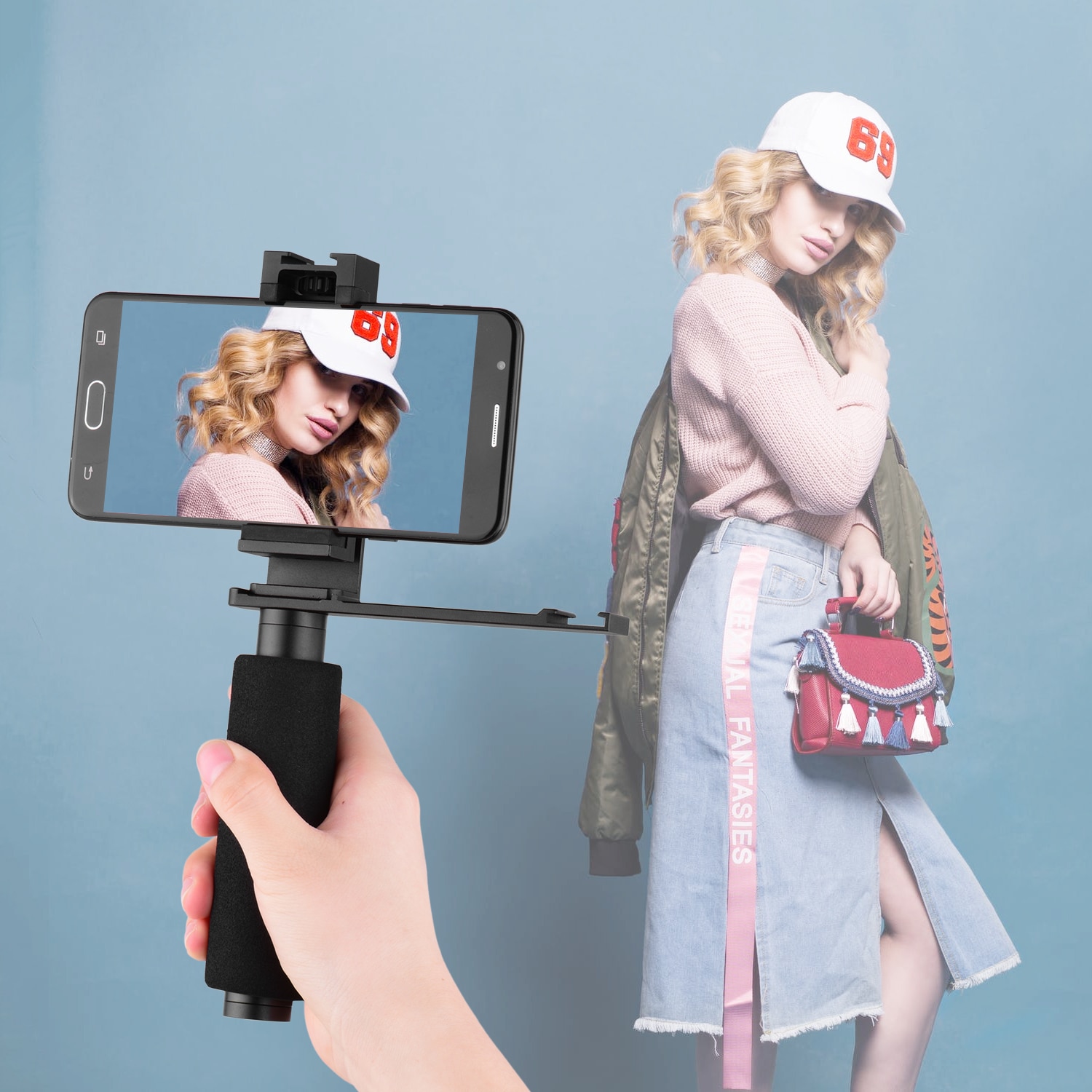 Andoer Smartphone vregistrazione impugnatura per cellulare supporto per registrazione Video maniglia stabilizzatore morsetto per cellulare larghezza 40mm-85mm