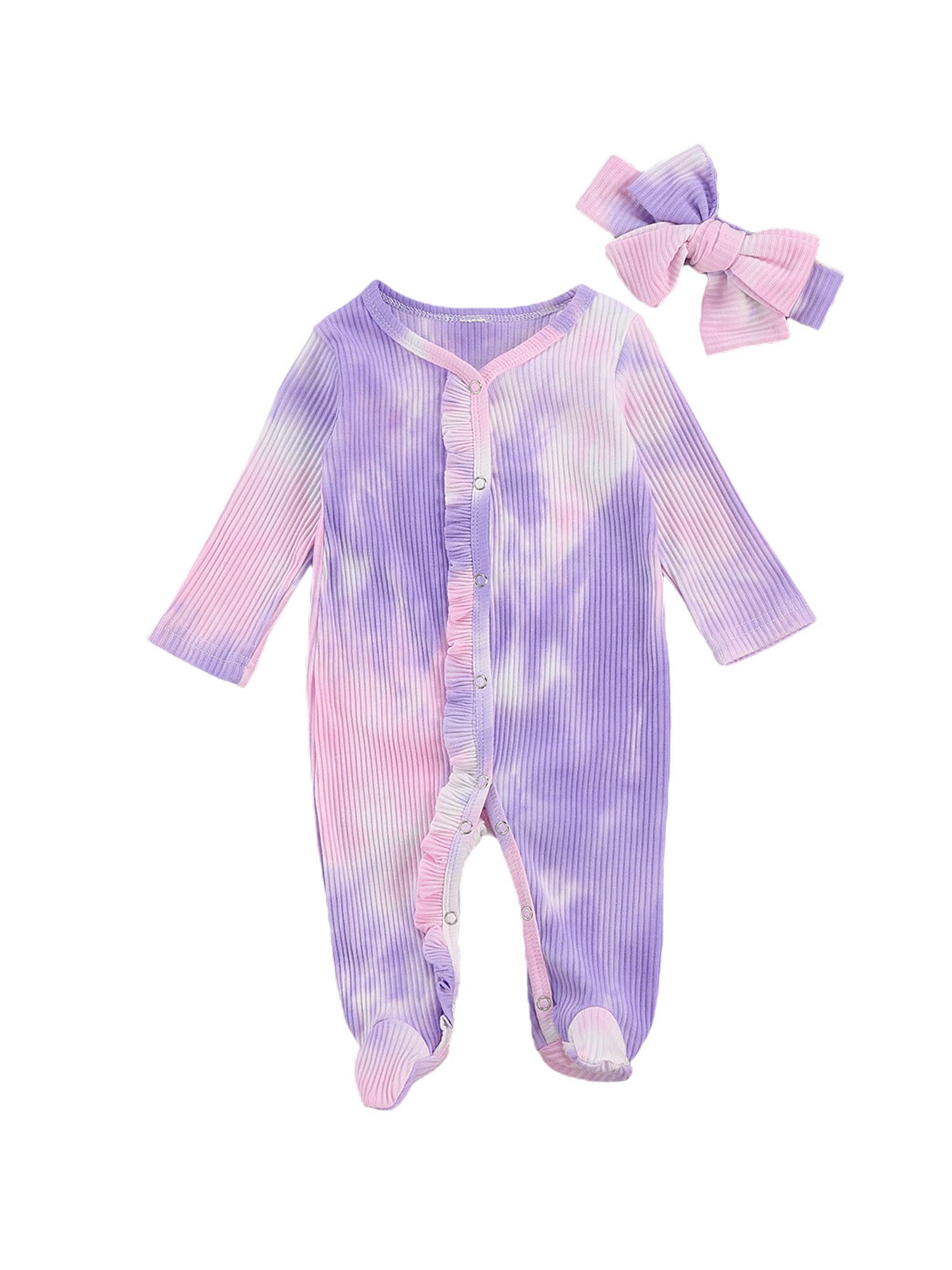 Newborn Infant Baby Boys Tie dye Romper Cotton Cute Cartoon Print Long Sleeve Jumpsuit+Hat 2 Pcs Toddler Baby Clothes Outfits: Purple / 80