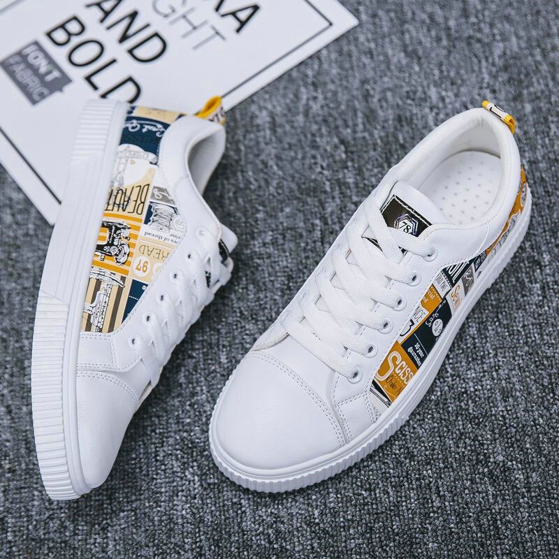 Forår mænd fritidssko gul læder sneakers graffiti flade skridsikre slidbestandige snørebånd åndbare sorte herresko