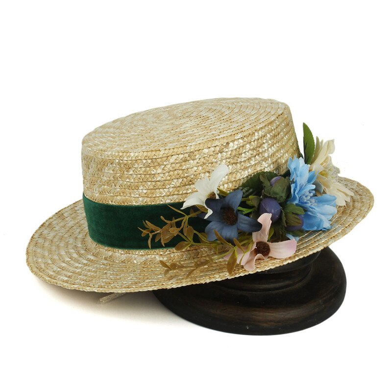 Sombrero de paja de trigo para mujer, gorro de sol plano con flor roja para playa, verano, , 100%: Straw-Blue Flower