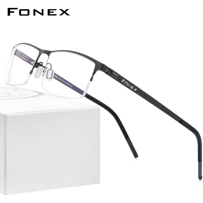 FONEX Alloy Glasses Frame Men Square Myopia Prescription Optical Eyeglasses Metal Half Korean Screwless Eyewear 992: black