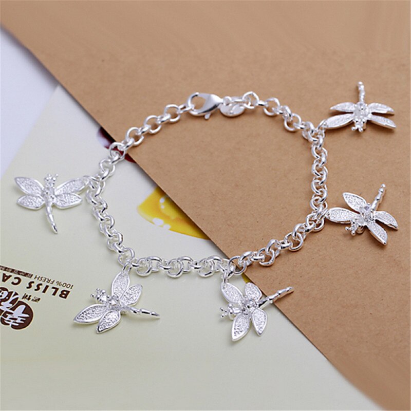 Pulsera de plata de ley 925 de para mujer, brazalete con colgante de libélula, de joyería: Default Title