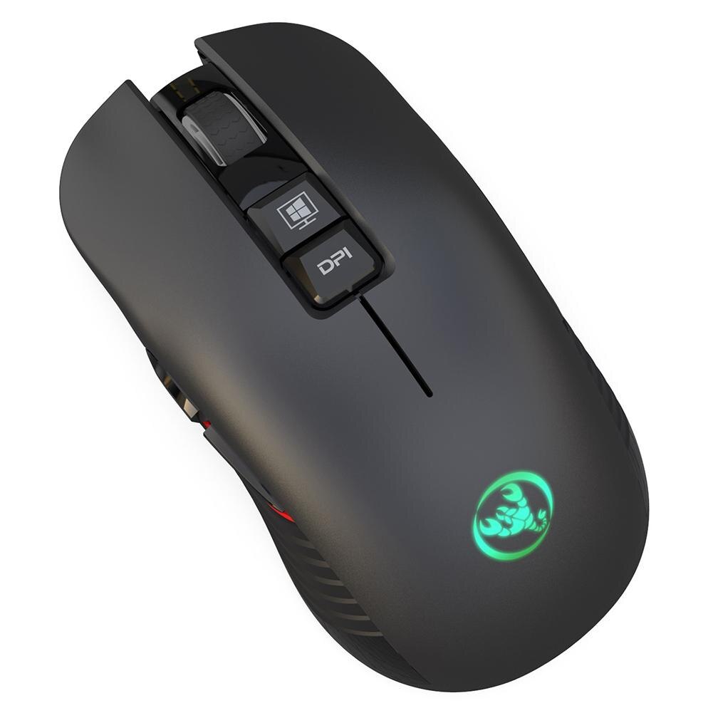 HXSJ-ratón inalámbrico T30 para juegos, Mouse negro con retroiluminación ajustable de 7 colores, 3600 DPI, recargable con adaptador de TYPE-C